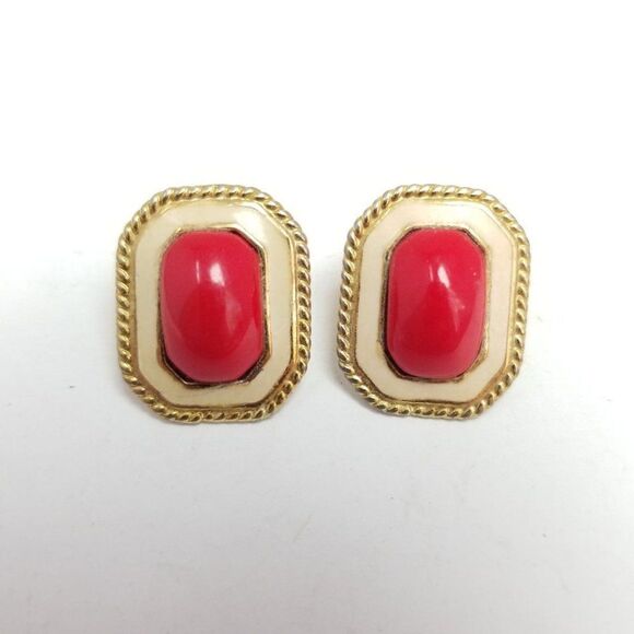 Vintage Red and Cream Rectangle Shape Stud Earrings, Bold Retro Design - Picture 1 of 6